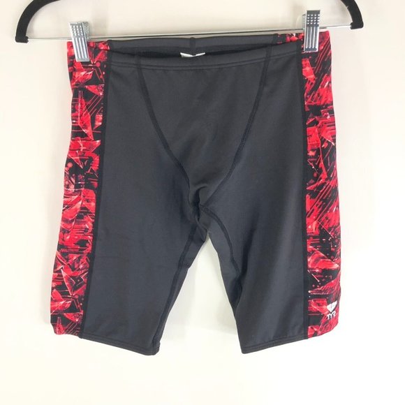 TYR Mens Jammer Swimwear Bottoms Shorts Drawstring Geometric Black Red 32 M